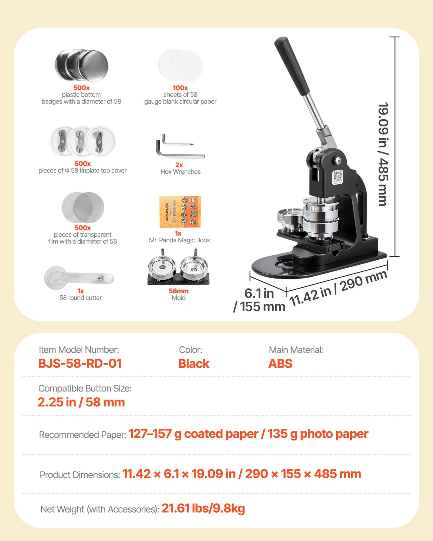 Button Maker Machine 2.25 Inch Kit with 500 Button Parts, Circle Cutter & Ergonomic Handle