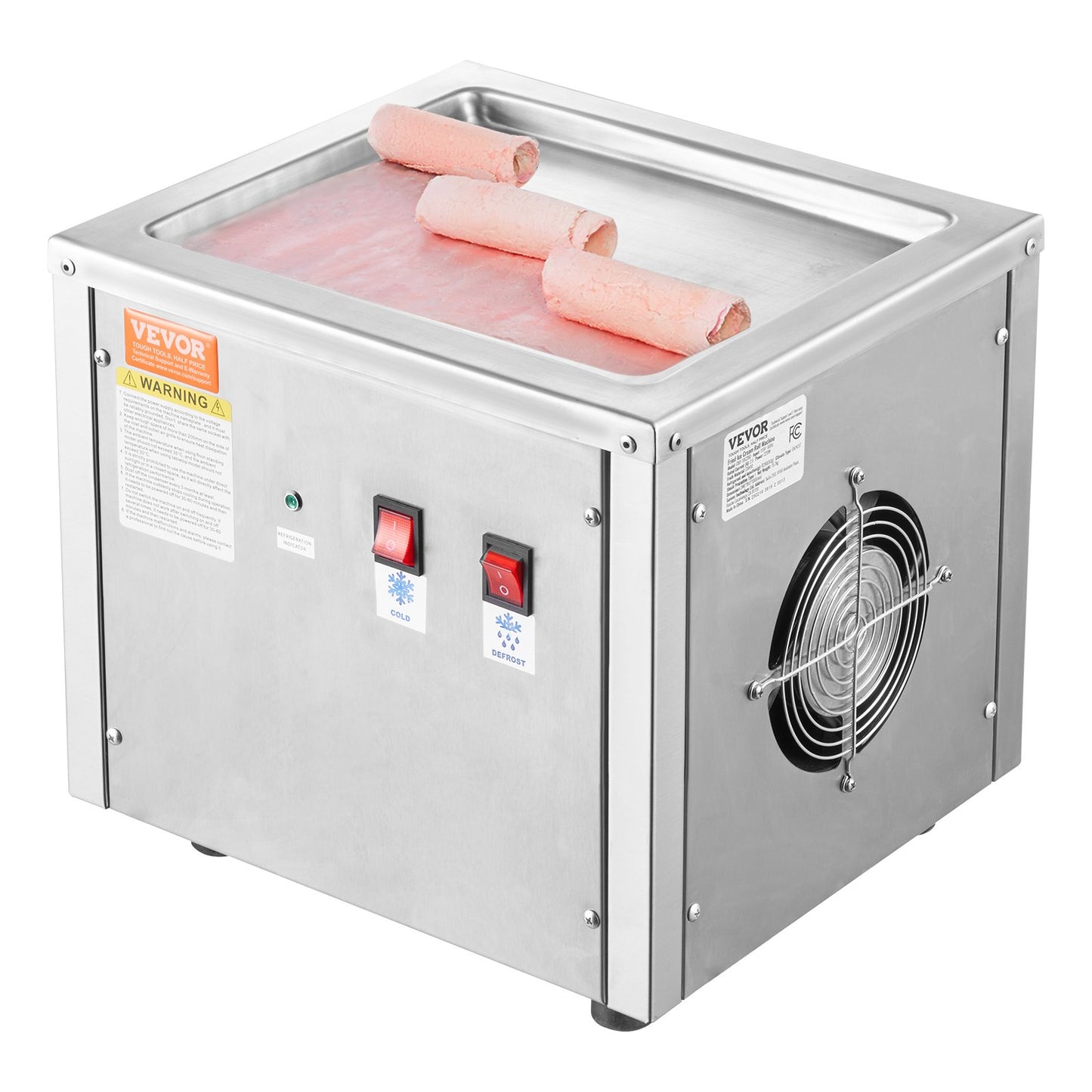 Ice Cream Roll Machine 11x9.5 Inch Stainless Steel Frozen Yogurt Maker with Compressor & 2 Scrapers - Silver