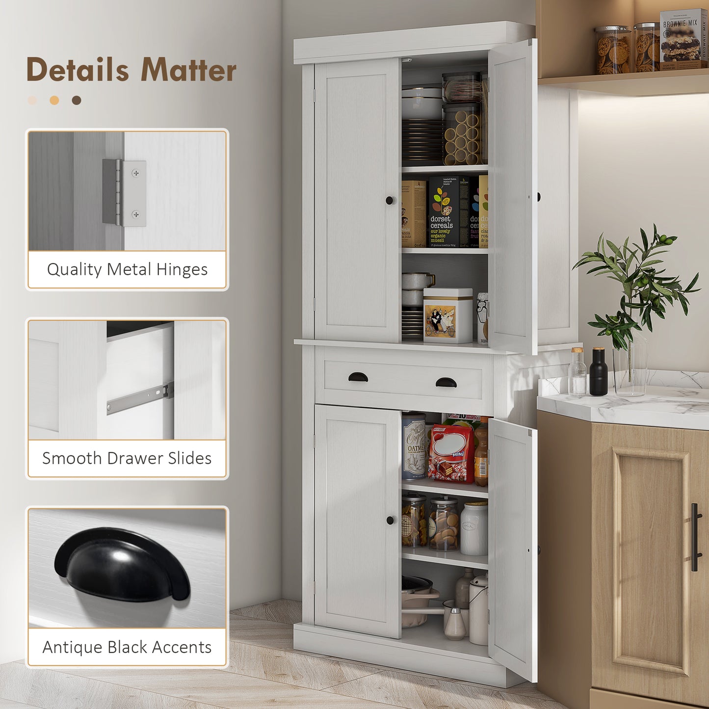 72.5" Freestanding Kitchen Pantry Cabinet with Doors & Shelves - White Wood Grain