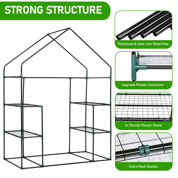 Walk-In Greenhouse with PE Cover & 4 Shelves - Indoor Outdoor Plant Garden