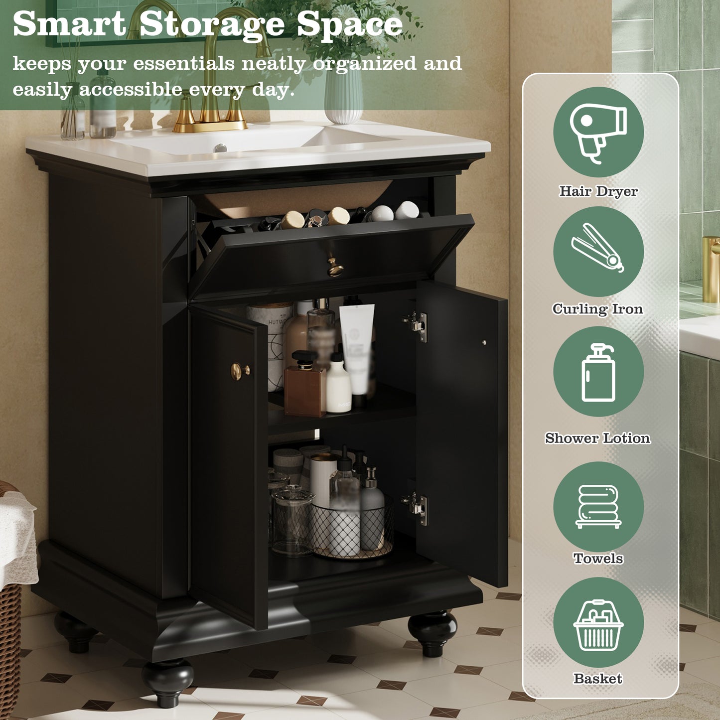 24" Black Modern Bathroom Vanity with Tip-Out Drawer & Soft-Close Hinges
