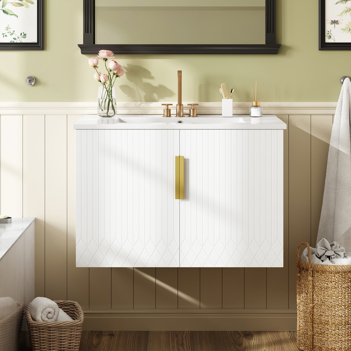 30" Vintage Bathroom Vanity with Ceramic Sink and Storage Cabinet