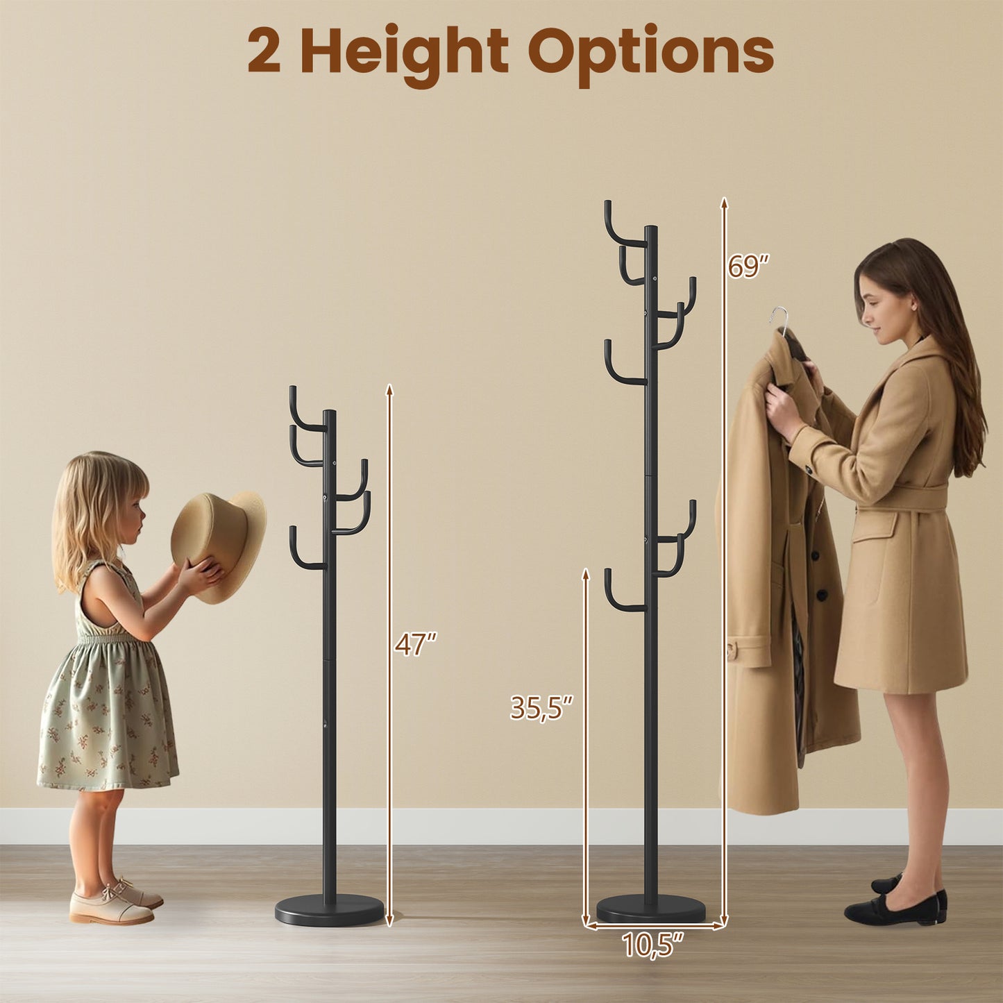 Metal Coat Rack Stand with 8 Hooks and Sturdy Base