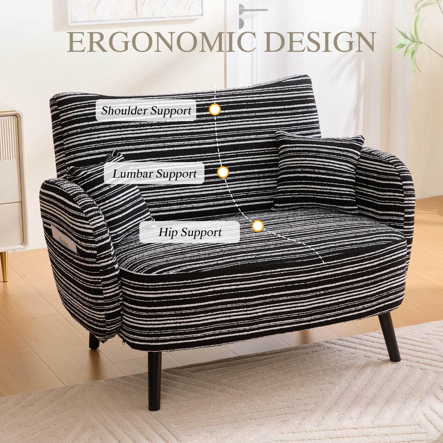 Modern Two-Seater Sofa with Storage Pockets - Black