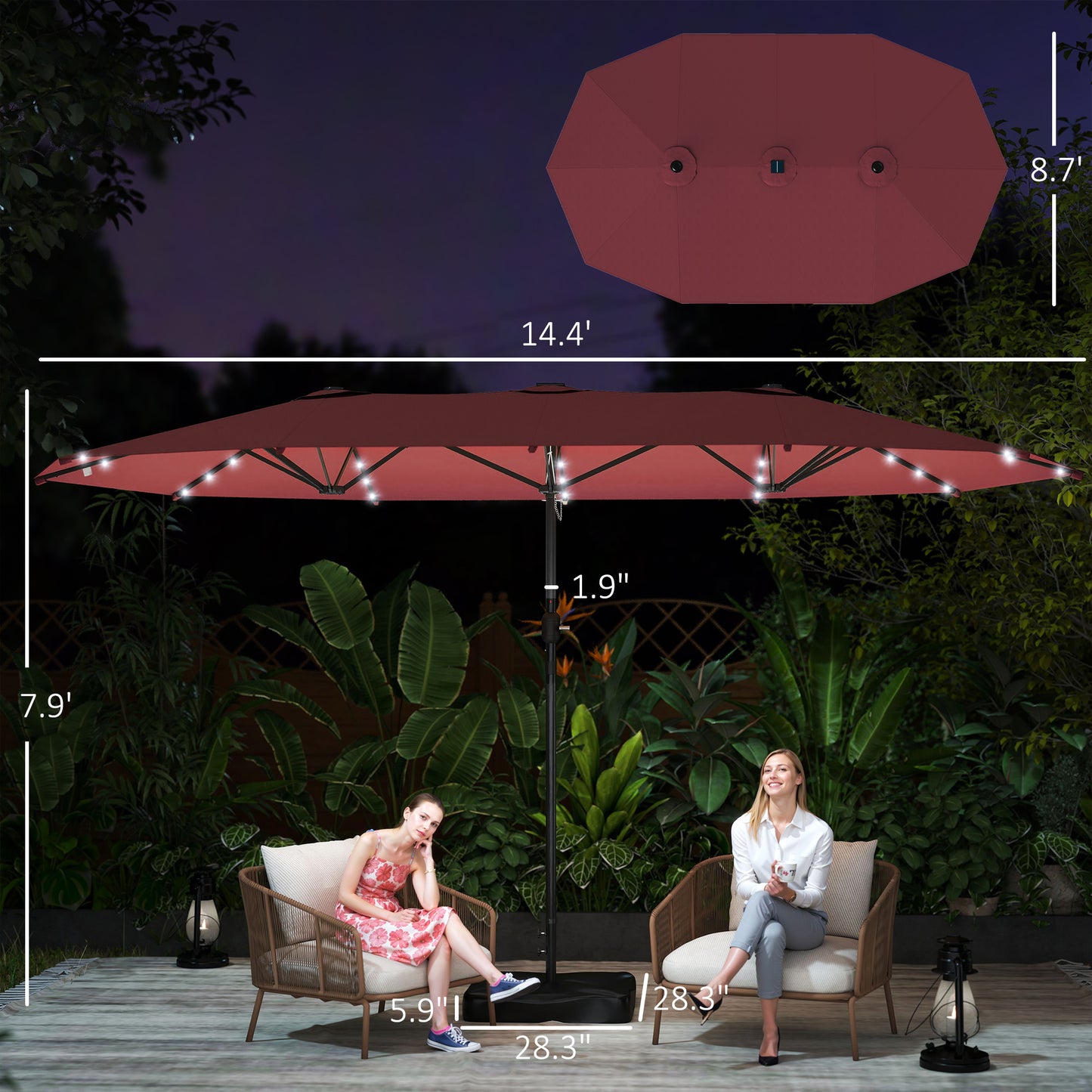 14.4ft Double-Sided Garden Parasol with LED Solar Lights - Wine Red