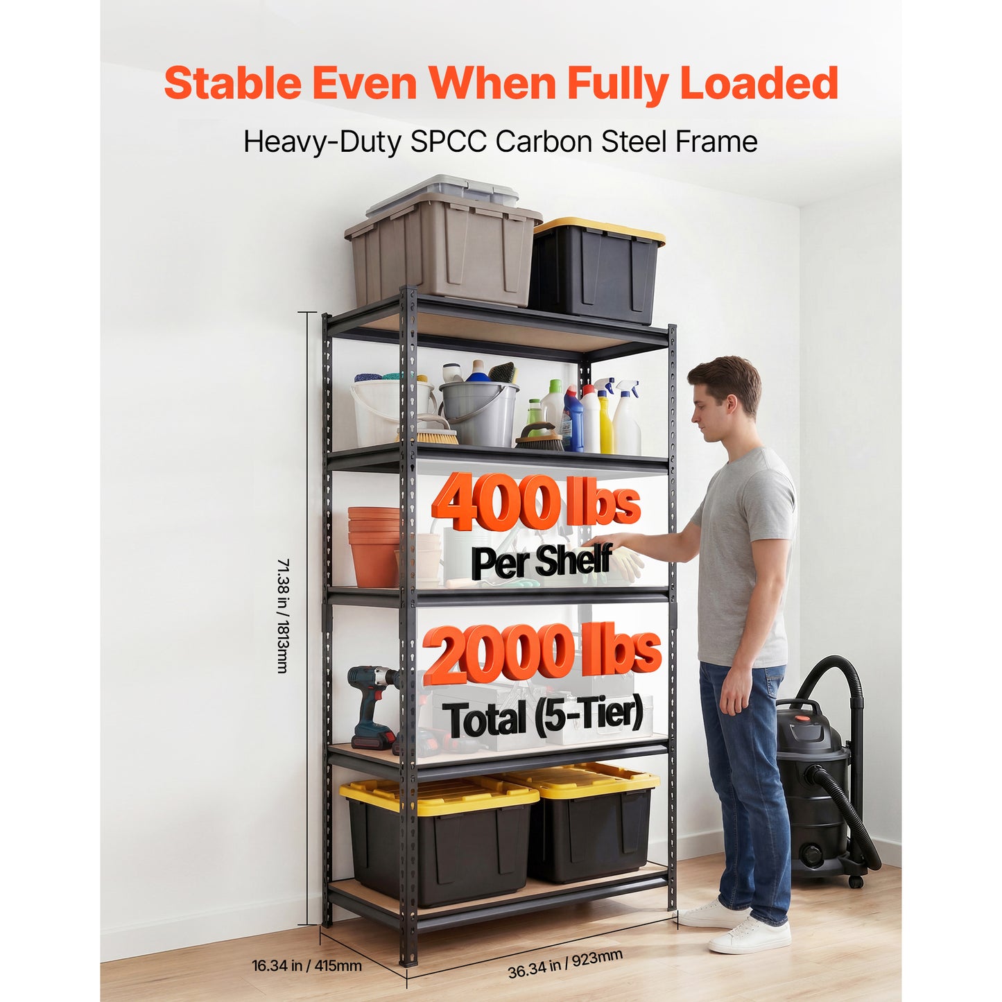 Heavy Duty 5-Tier Garage Storage Shelves - 2000 Lbs Capacity Metal Utility Rack, Adjustable Shelving Unit for Warehouse Basement Kitchen