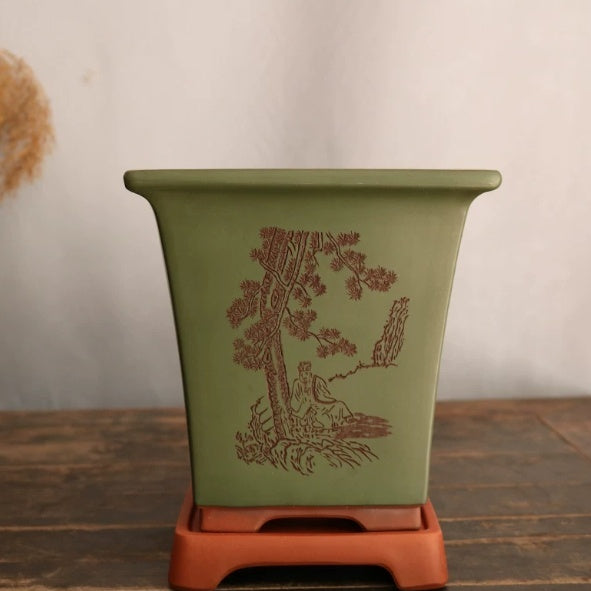 Square Clay Flower Pot for Garden & Home Decor - Dark Green, Purple Sand