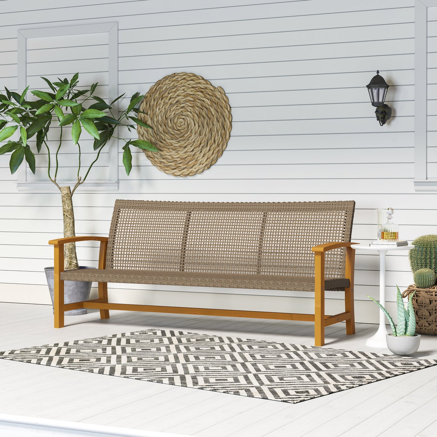 3-Seat Outdoor Wicker Sofa - Acacia Wood & Steel Frame, Teak