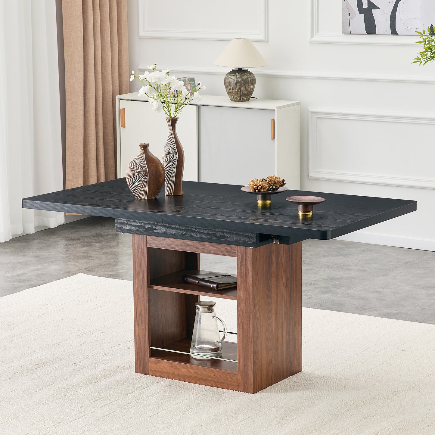 An Expandable Dining Table With Storage Space And A 59 Inch To 71