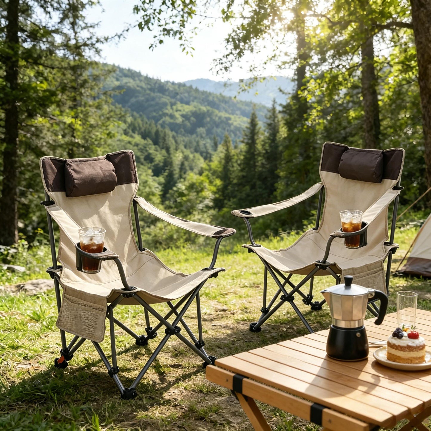 Folding Camping Chairs - Portable Adjustable Reclining with Cup Holder