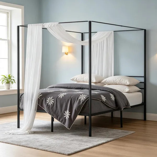 Sturdy Canopy Bed Frame with Storage Space - Metal Design