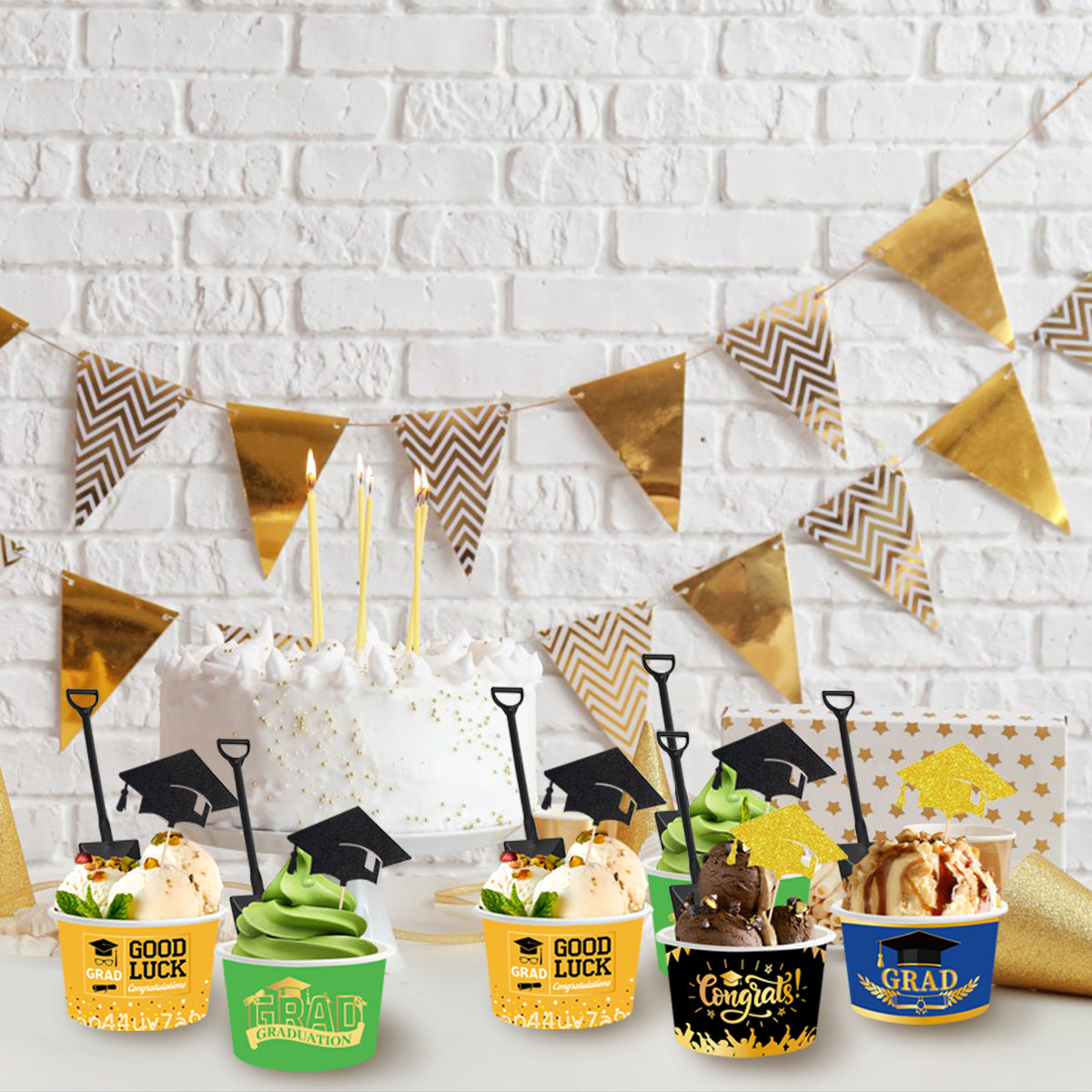 24 Pcs Graduation Party Ice Cream Cups with Spoons & Toppers