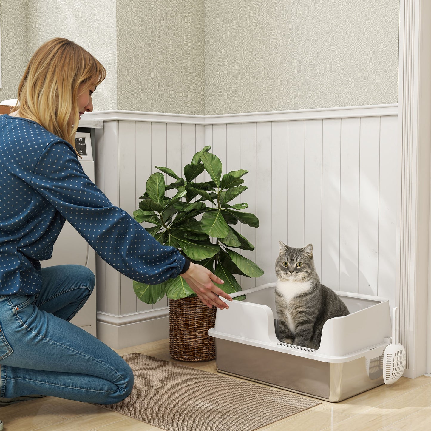 Large Cat Litter Box Stainless Steel with High Sides & Scoop - Easy Cleaning