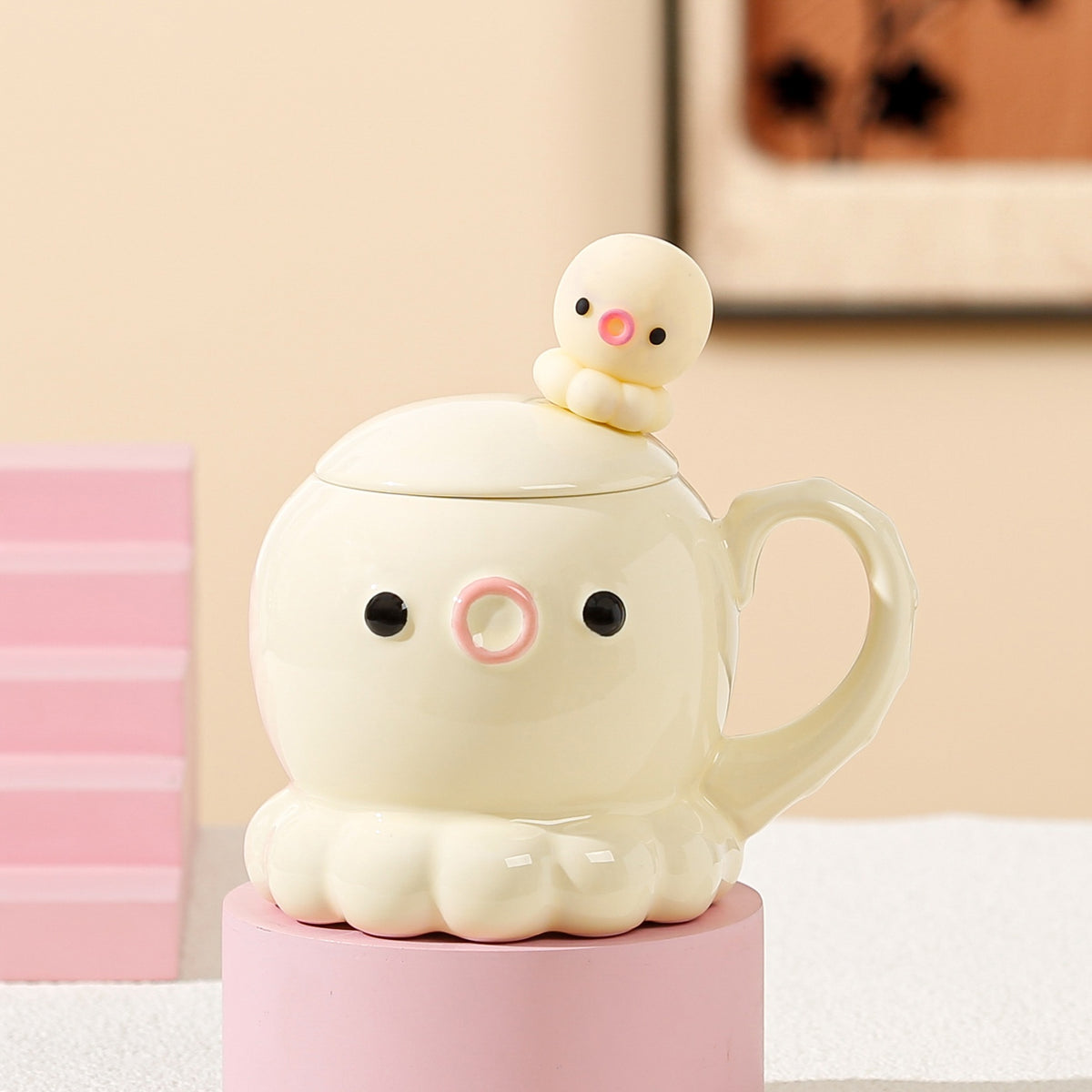 Cute Jellyfish Ceramic Coffee Mug with Cover and Spoon - 381ML
