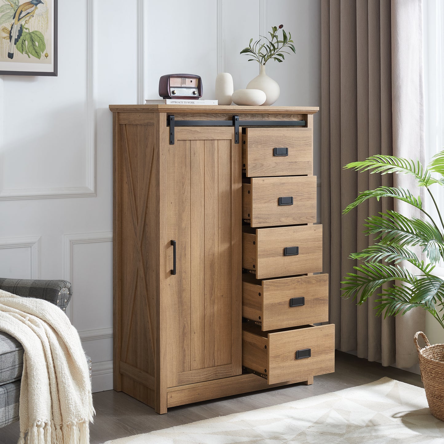 Farmhouse 5-Drawer Dresser with Sliding Barn Door - Oak