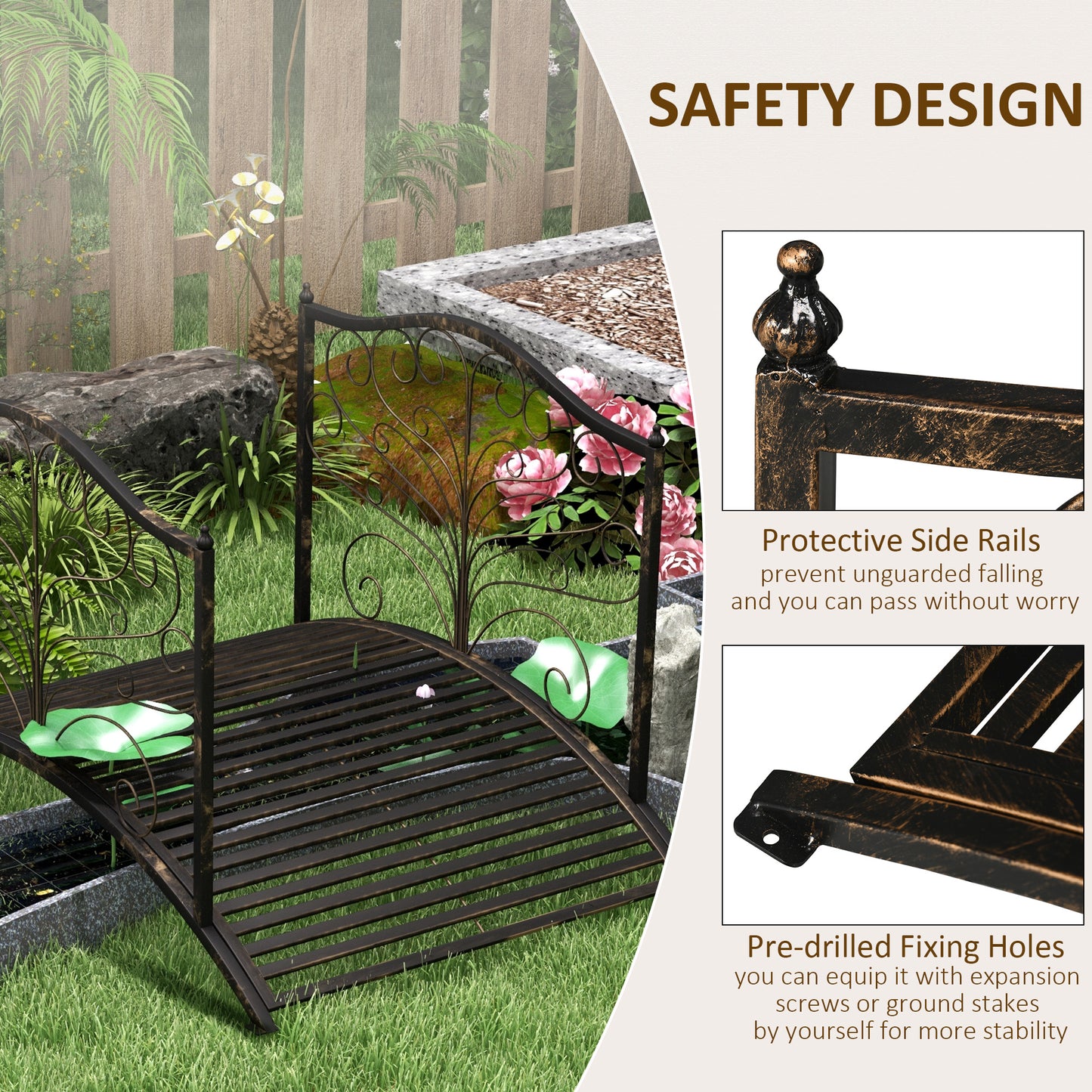 4-Foot Metal Garden Bridge with Scrollwork & Safety Siderails, Easy Assembly, Black or Bronze