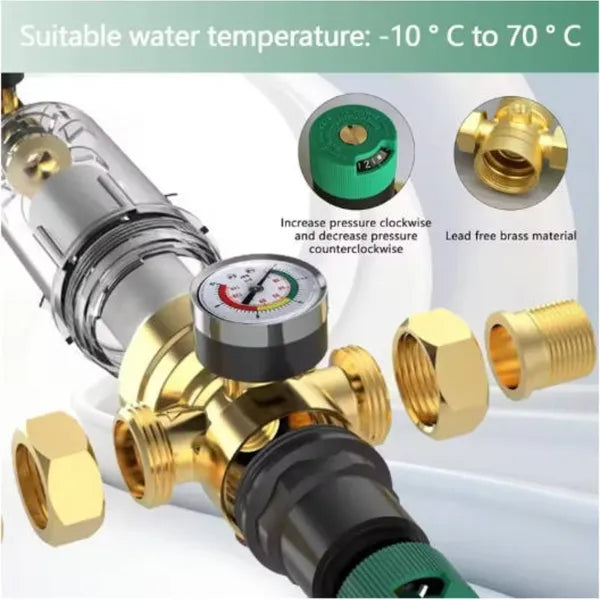 Water Pressure Reducer with Gauge & Mesh Filter for RV and Home Plumbing
