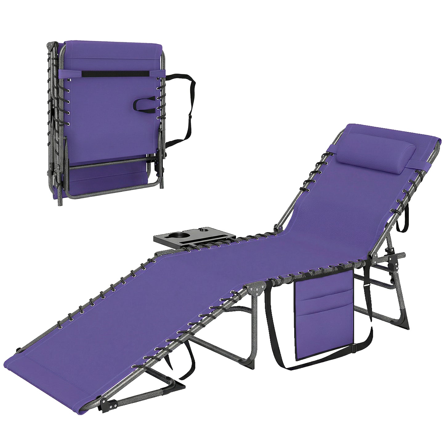 Folding Outdoor Chaise Lounge Chair with 5-Level Adjustable Back, Side Table, Pillow - Purple