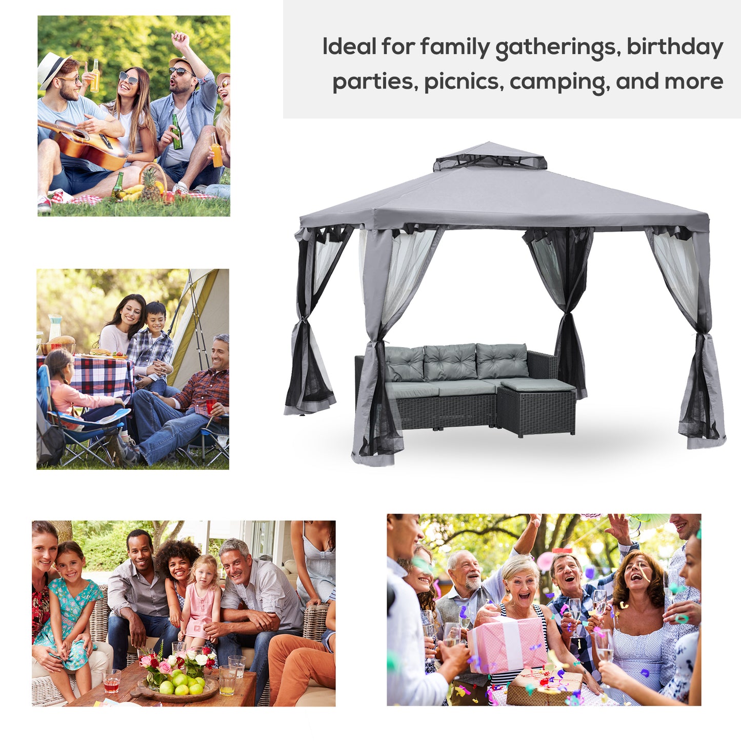 9.6' x 9.6' Outdoor Gazebo Canopy with 2-Tier Roof & Netting