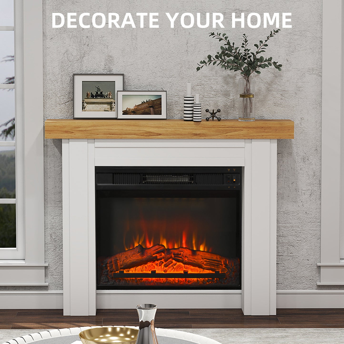 Freestanding Fireplace Mantel Natural Wood for Electric Fireplaces - 51.2" W x 40.6" H