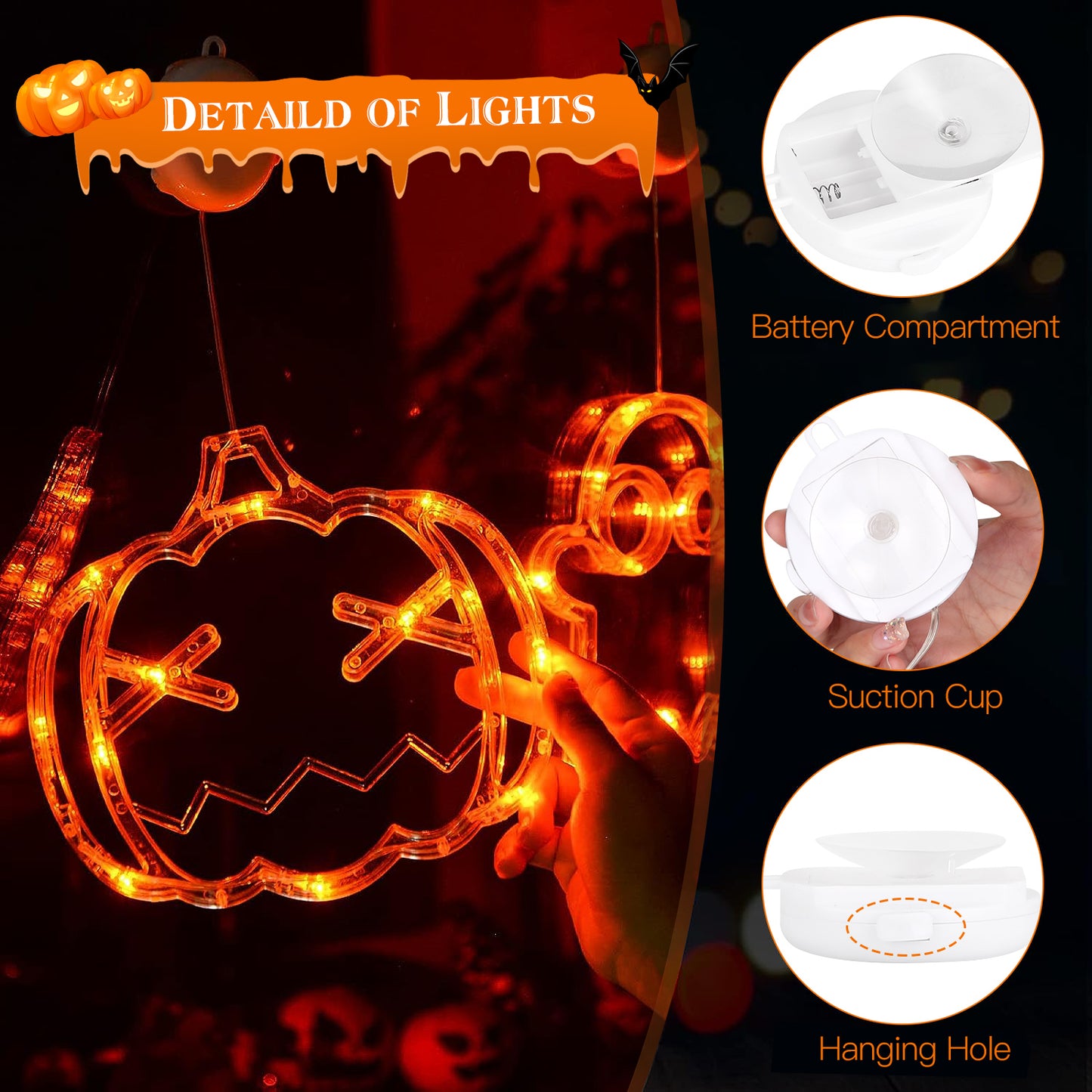 Halloween Window Light Decoration Set - 3 Pack with Spider, Witch Hat & Pumpkin