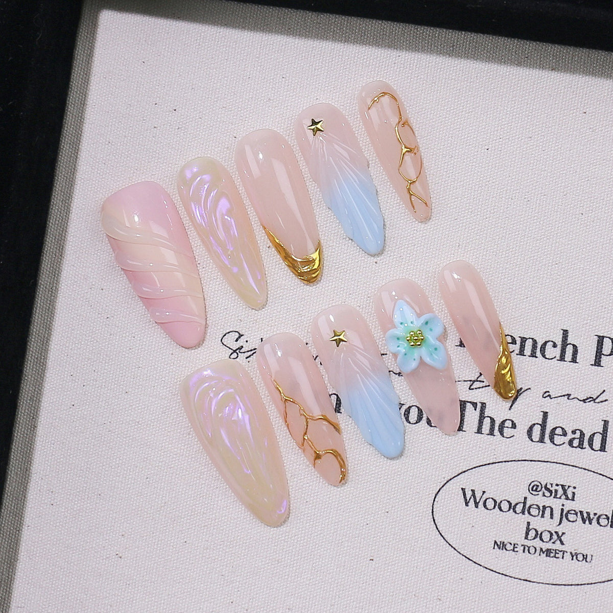 Fake Nail Set with Carved Shell Pattern - Long Almond French Style with Armor Fit