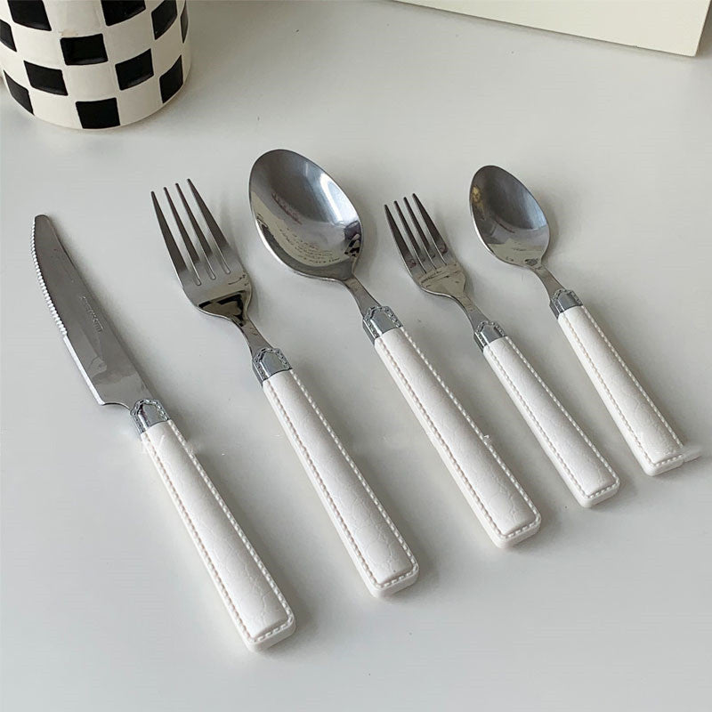 Stainless Steel Knife Fork Spoon Set with Leather Texture - 3-Piece Kitchen Utensils