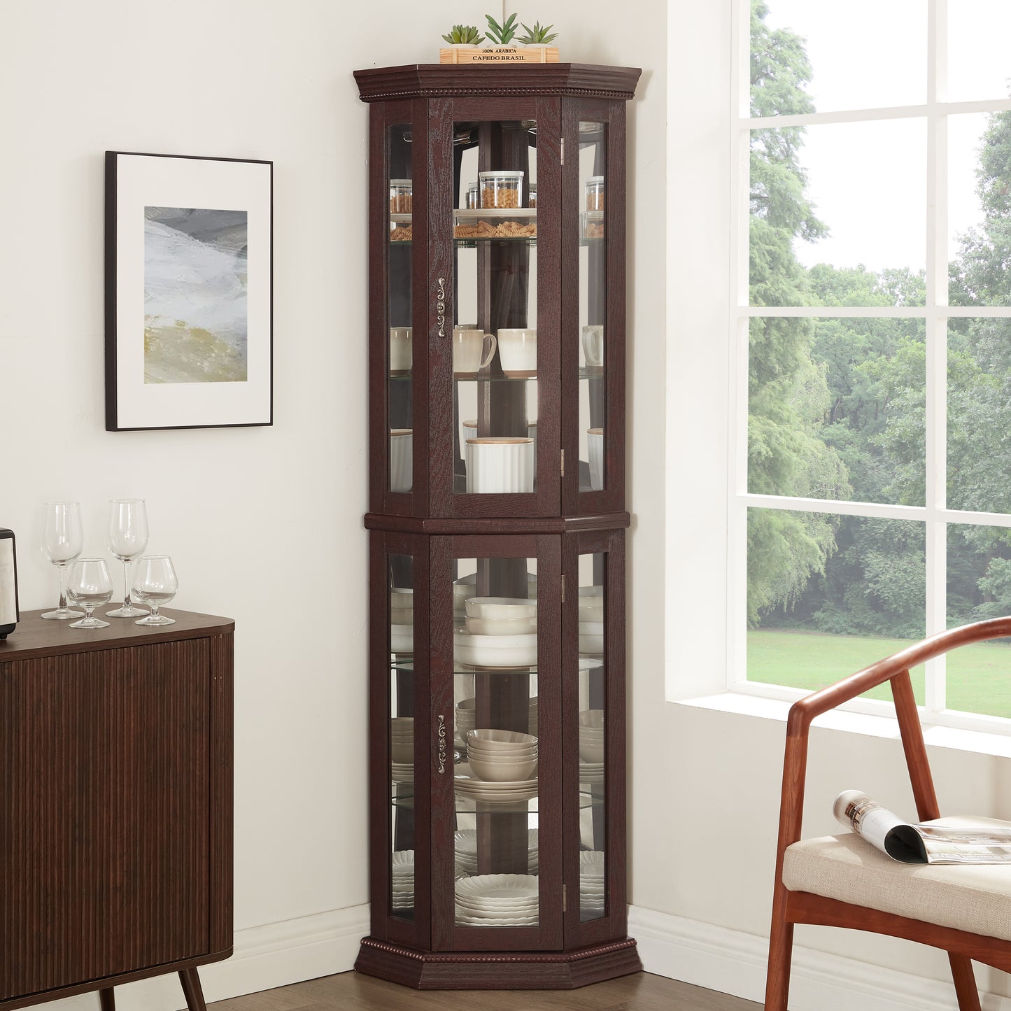 Glass Cabinet Lighted Corner Display Curio Cabinet, With Light