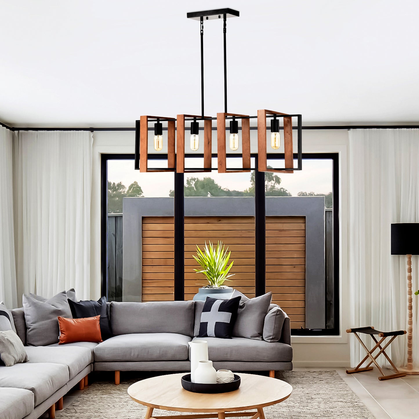 4-Light Farmhouse Pendant Light Fixture with Wooden Finish - Rustic Modern Chandelier for Kitchen & Dining