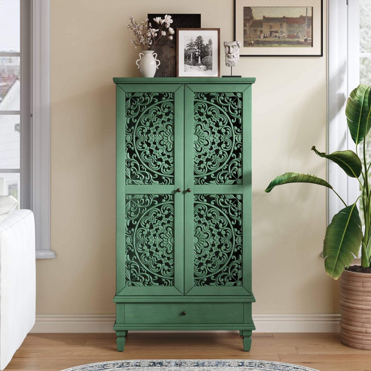 Rustic 55" Tall Storage Cabinet with Drawer - Antique Green