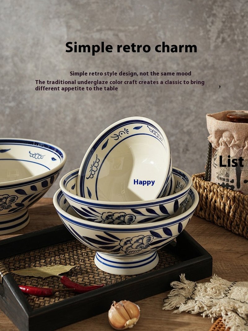 High-Leg Retro Ceramic Noodle Bowl with Hand-Painted Floral Pattern - 8 to 10 Inches