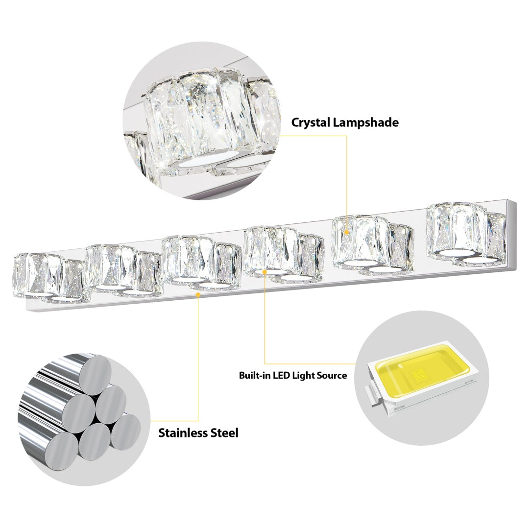 Modern Crystal 6-Light LED Wall Sconce - Chrome Vanity Light
