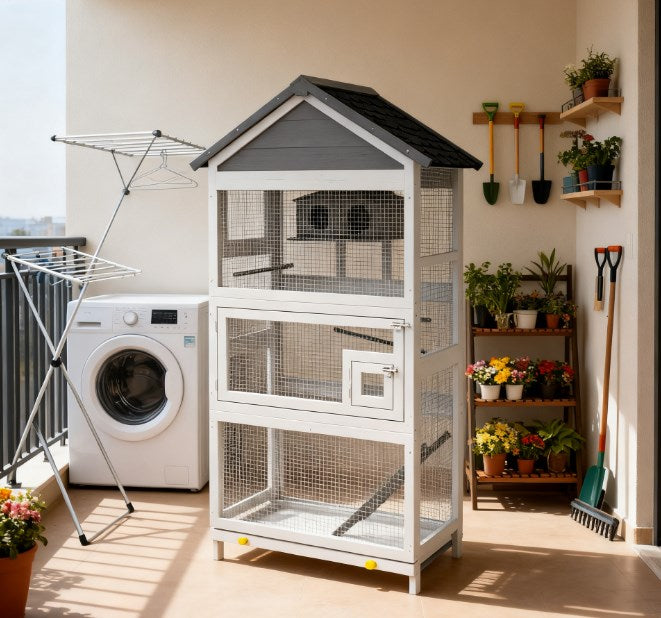 Spacious Wooden Bird Aviary with Slide-Out Tray & Perches - Black+Grey