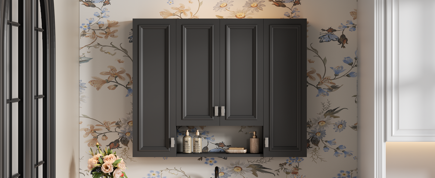 Modern Wall-Mounted Bathroom Cabinet with 5 Adjustable Shelves - Black