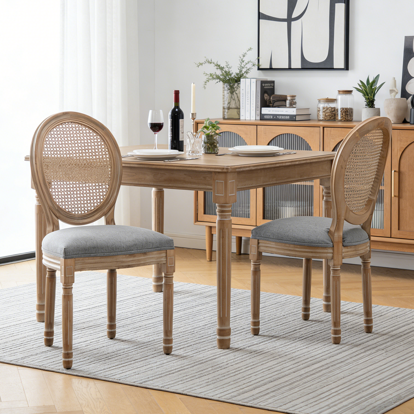 Farmhouse Dining Chairs Set of 2 - Grey Linen & Rattan Backrest