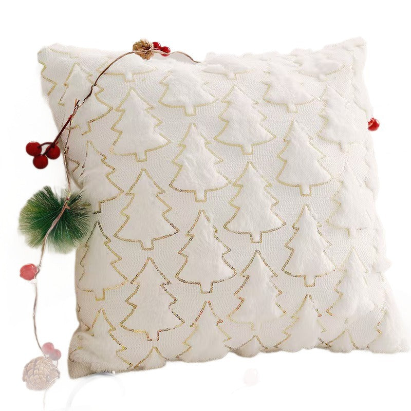 Christmas Tree Throw Pillow Cover - 3D Plush Embossed Xmas Cushion with Gold Stitching, Holiday Decor