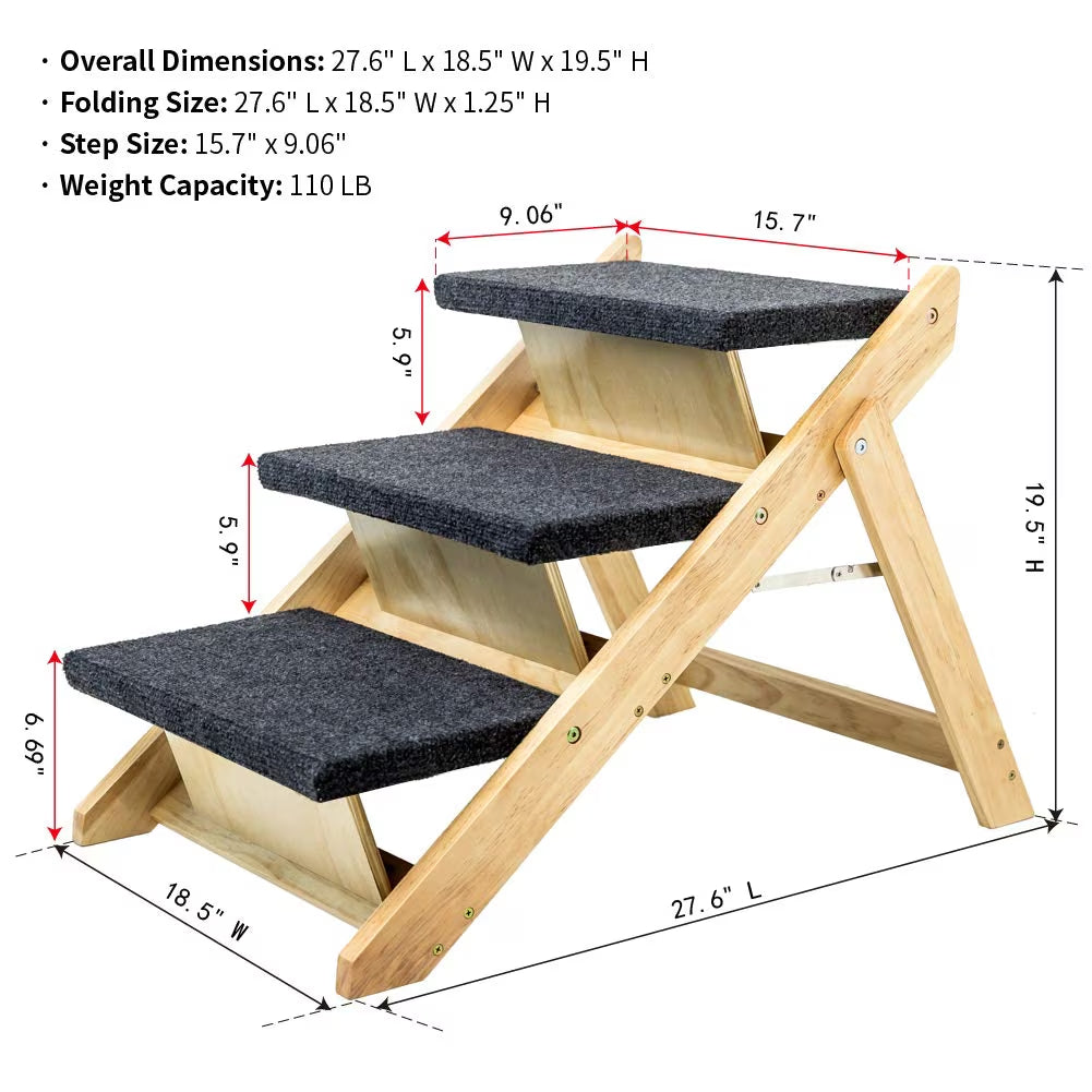 Foldable Wooden Pet Stairs & Ramp for Dogs & Cats - 3 Levels, Up to 110 lbs, Grey