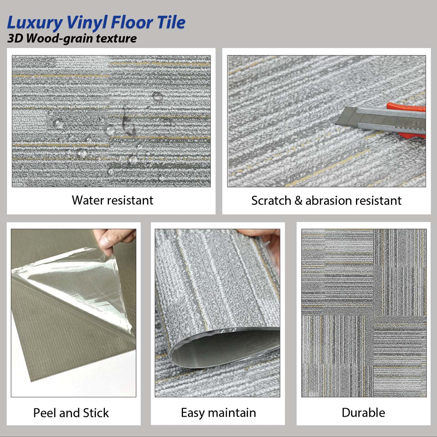 Gray Peel and Stick Vinyl Flooring Tile - 36PCS, Water Resistant