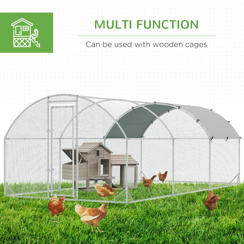 Large Metal Chicken Coop with Waterproof Cover - Walk-In Yard Fence, Silver