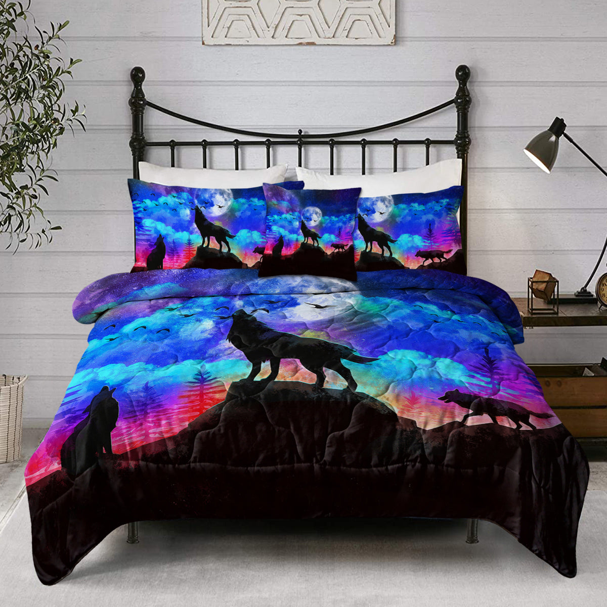 3D Wolf Comforter Set - 4 Piece Bedding Set in Purple & Blue