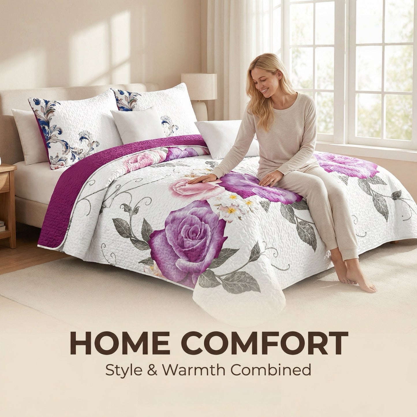 9-Piece Room In A Bag Quilt & Curtain Set - Deep Magenta Floral