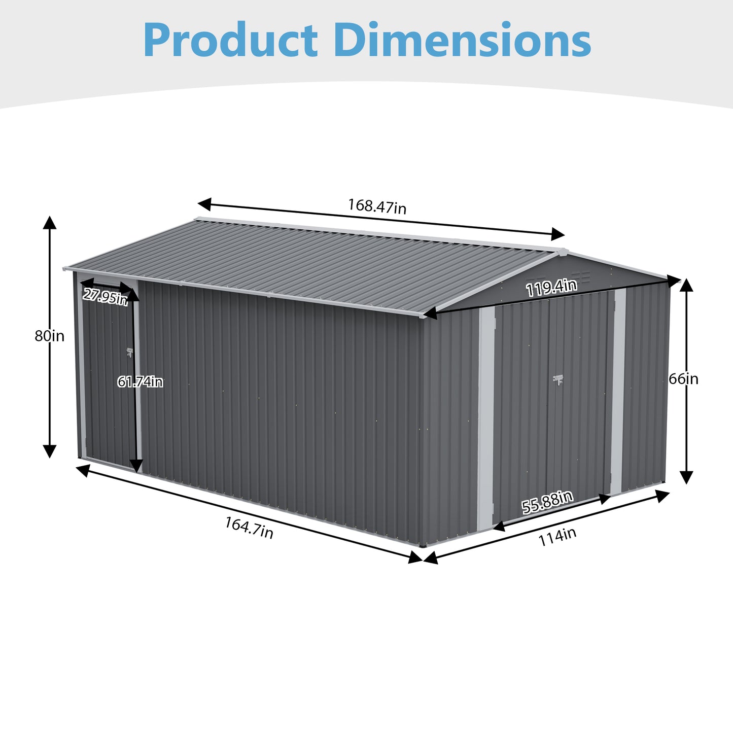 10x14 FT Metal Outdoor Storage Shed with Lockable Doors - Gray