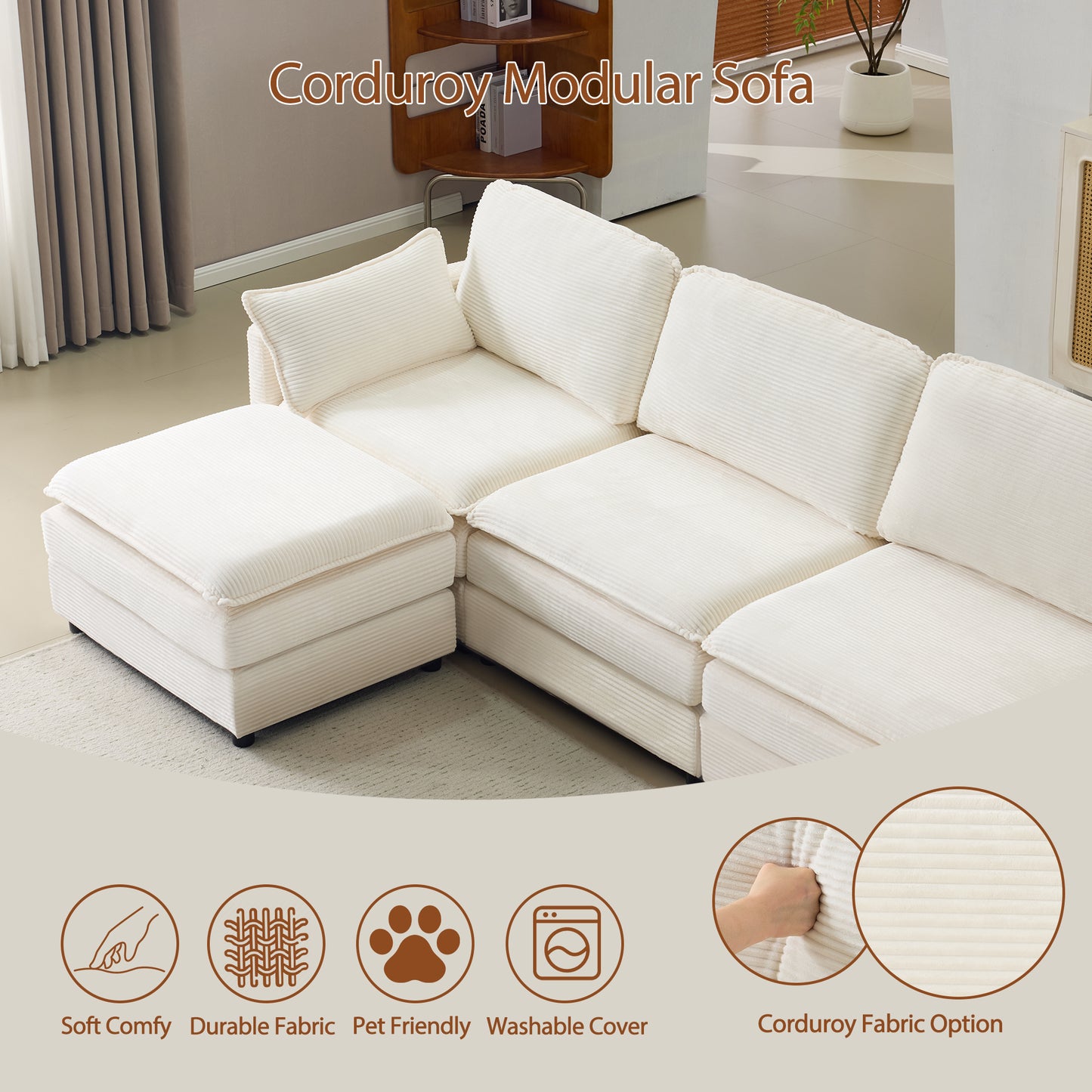 136" Plush Cloud Modular Sofa Set with 2 Footstools & Cushions - Beige