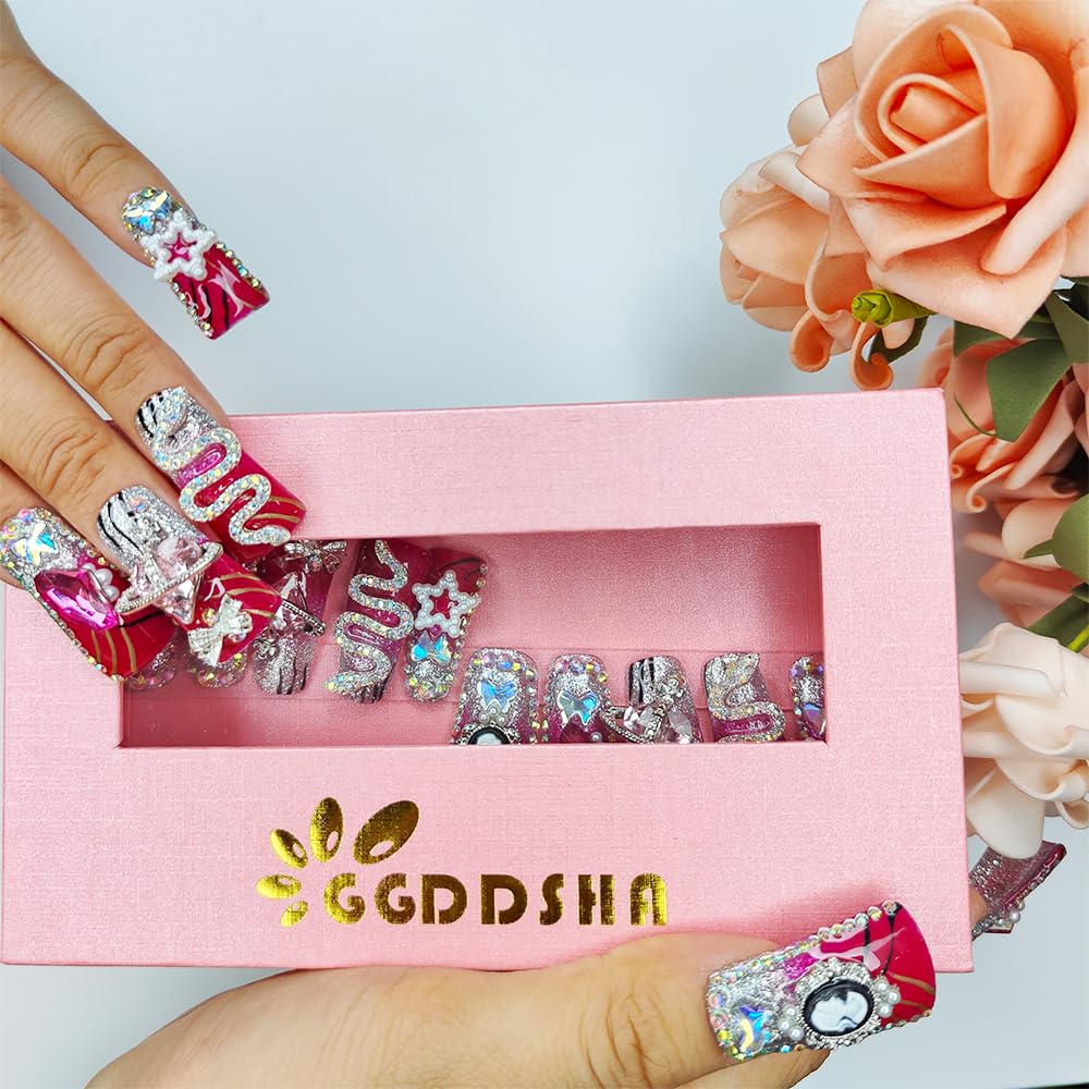 Medium Square Press-On Nails - Scarlet Serpent Design with Stars