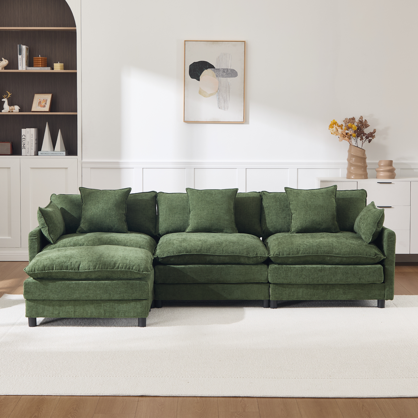 108" L-Shaped Modern Chenille Sectional Sofa with Ottoman - Green