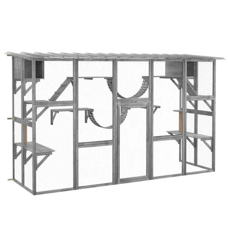 Outdoor Cat Window Box Enclosure with Shelves & Bridges - Gray