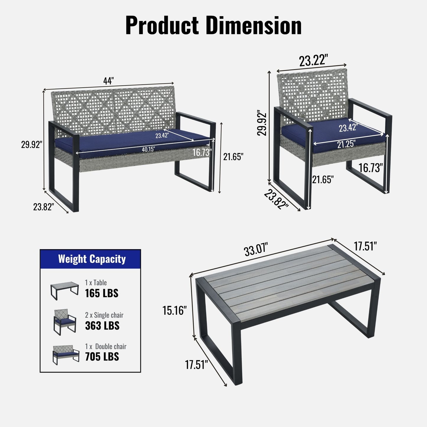 4-Piece Outdoor Patio Furniture Set with Acacia Wood Table & Cushions