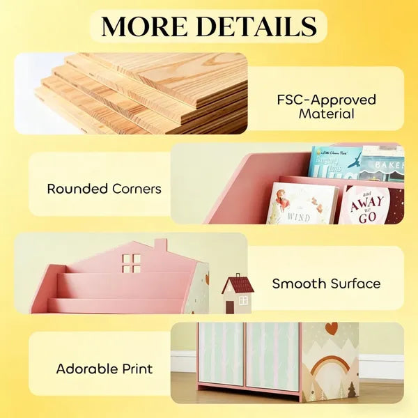 Kids Book Shelf with Drawers - House Shape, Pink