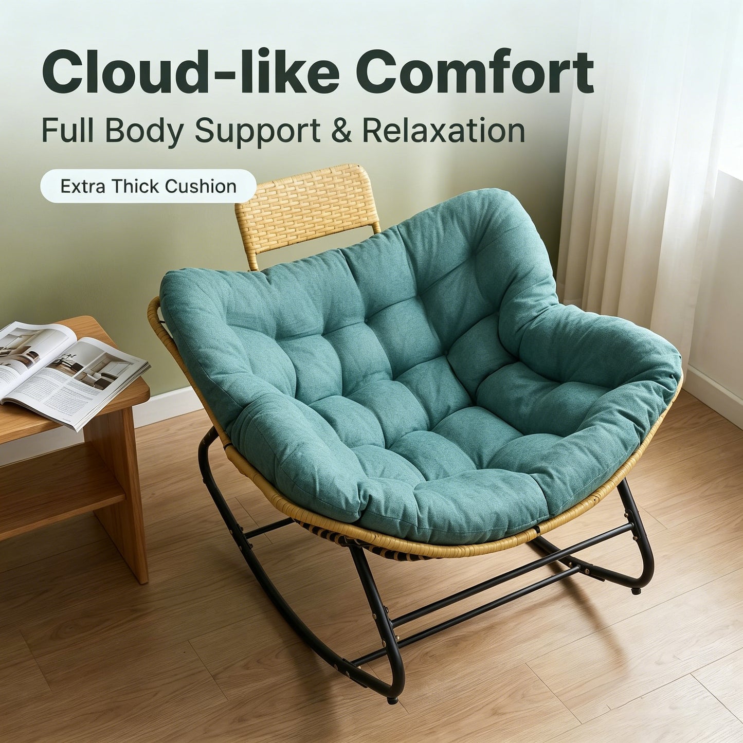 Oversized Green Papasan Rocking Chair with Thick Cushion