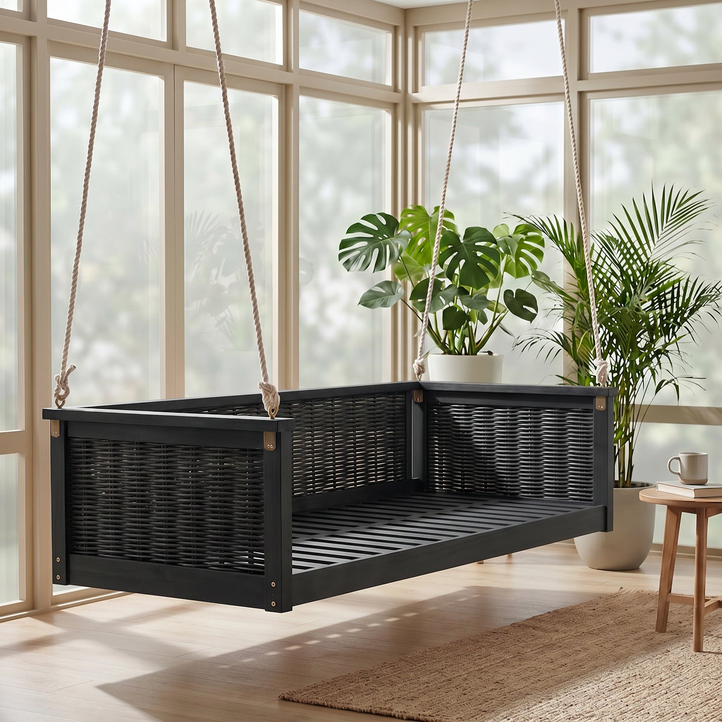 Outdoor Solid Wood Twin Size Swing Bed - Black Rattan Frame